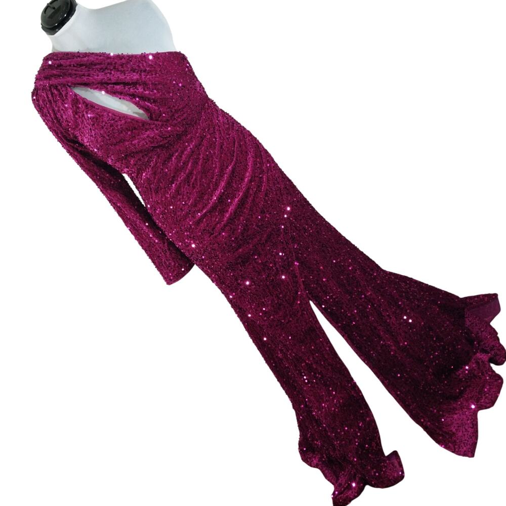 NWT! FASHION NOVA! DEEP FUSCHIA PINK/RED SEQUINNED STRETCH VELVET GOWN! 2X - Picture 2 of 14